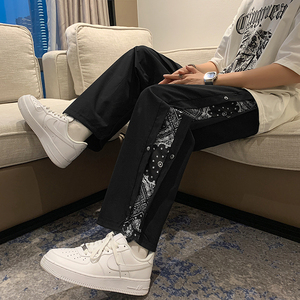 李宁国潮排扣裤子男生潮牌直筒潮流宽松痞帅高街嘻哈阔腿腰果花休