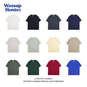 WASSUP美式250g重磅纯棉短袖t恤男女夏季圆领半袖情侣纯色打底衫