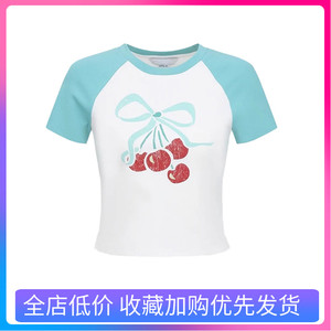 UR UX打底衫短款女上衣2024夏季新款创意撞色做旧樱桃图案印花T恤