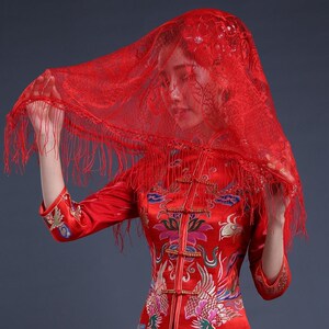 结婚盖头新娘薄纱透明中式复古典红盖头纱喜帕流苏婚庆婚礼蒙头巾