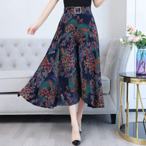 妈妈时尚裤裙2022夏季薄款中老年女花色棉绸半身阔腿九分裤高腰