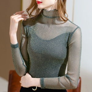 粉色薄莎衫衣服网纱打底衫春高领贴身半透视长袖女t恤沙衣内搭纱t