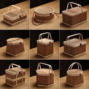 新款网红1手提便当盒实木野餐饭盒 中式风格纯手工竹编提篮月饼篮