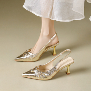 香港小众金色花朵包头凉鞋女细跟夏法式一脚蹬外穿后空银色高跟鞋