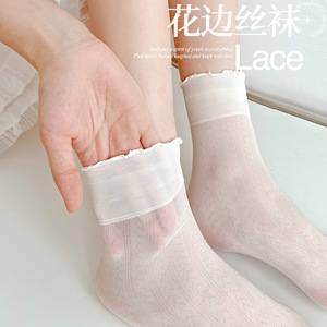 白色玻璃丝袜子女中筒袜夏季薄款纯棉网眼透气花边jk少女堆堆长袜