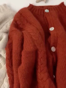 韩版复古高级感橘红色针织开衫毛衣外套女早秋新款小个子长袖上衣