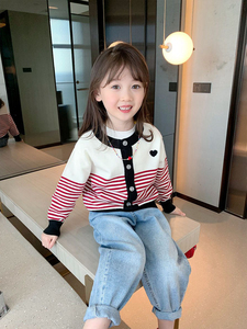 韩国女童针织开衫2023秋装新款洋气薄款长袖条纹撞色大童外穿毛衣