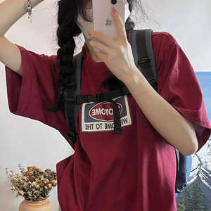 纯棉日系原宿ins学院风短袖T恤女夏季学生宽松小众设计感酒红上衣
