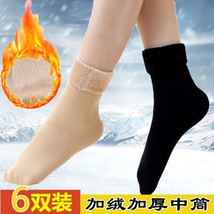 冬季袜子加厚加绒丝袜女短袜黑色保暖睡眠袜家居中筒袜成人地板袜