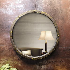 景伟复古铁艺镜子卫生间做旧仿古圆形浴室镜中式艺术圆镜含镜片