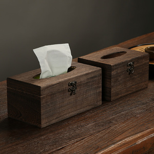 木制碳化纸巾盒复古创意餐厅中式烧桐木纸巾盒家用办公车载收纳盒