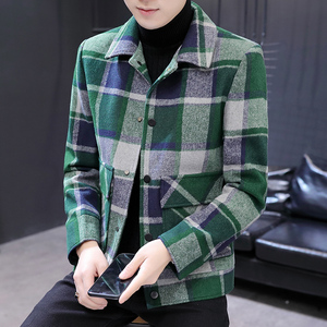 男生帅气衣服2023秋冬毛呢格子夹克男士韩版短款休闲呢子学生外套