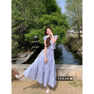 韩系套装女夏季小清新V领蓝色格子短袖衬衫系带高腰半身裙两件套