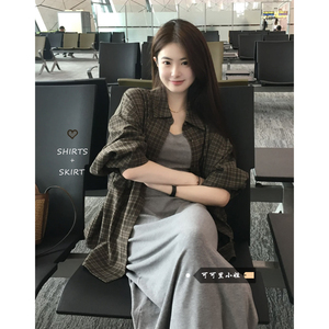 韩系套装女装夏季复古格子防晒长袖衬衫气质灰色背心连衣裙两件套