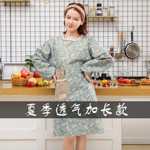 夏季薄款长袖罩衣透气田园风印花长袖厨房韩版家用厨房围裙工作服