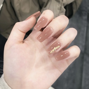 jj手工定制甲片穿戴可拆卸假指甲延长秋季显白透茶裸色金箔美甲贴