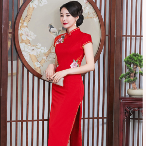 长款旗袍红色演出走秀旗袍年会礼仪大码中老年表演旗袍秀改良修身