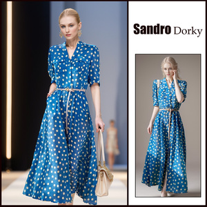 SandroDorky代购法式v领波点蓝色连衣裙淑女优雅气质系带长裙24夏