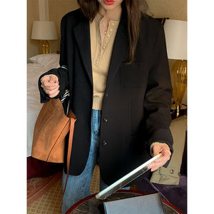 芥末自制黑色西装外套女春秋薄款休闲宽松小西服早秋通勤高级秋装