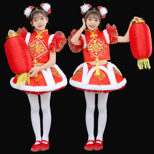 六一儿童喜庆中国红演出服男女童幼儿舞蹈裙灯笼梦娃太平鼓表演服