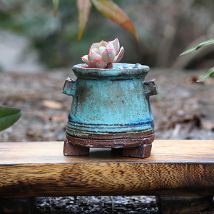 青铜复古麦饭石手工收口小花盆韩国常青藤花盆风格粗陶透气控型