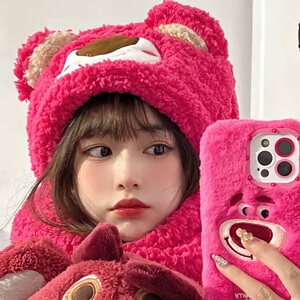 小红书可爱小熊帽子围巾手套一体秋冬季草莓熊耳朵毛绒保暖围脖女