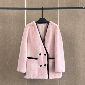 环保皮草外套女新款v领中长款双排扣年轻皮毛一体大衣人造水貂毛