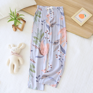 女夏季薄款人造棉休闲高腰睡裤两侧有口袋棉绸印花可外穿直筒长裤