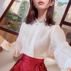 新中式重工绣花钉珠盘扣衫衫女中国风白色长袖天丝微透立领衫衣女