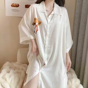 冰丝睡衣女春秋新款性感男友风白衬衫睡裙夏季薄款雪纺可外穿衬衣
