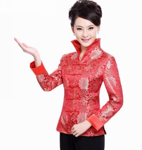 中国风唐装女士长袖秋冬妈妈装上衣修身服装红色礼服立领大码棉衣