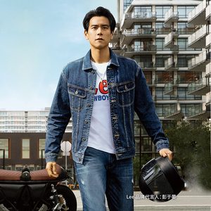 lee彭于晏同款新个性骑士图案男士牛仔夹克外套上衣 l396313hh80l
