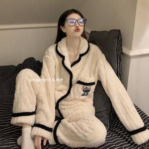 韩国史迪仔睡衣女款冬季新款2023珊瑚绒加厚保暖法兰绒家居服套装