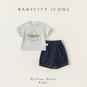 贝贝城男童夏季套装韩版宽松两件套女宝休闲条纹T恤宝宝牛仔短裤