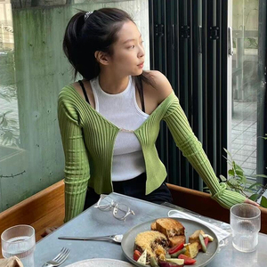 jennie金珍妮 欧阳娜娜明星同款 牛油果绿薄款两件套针织开衫上衣