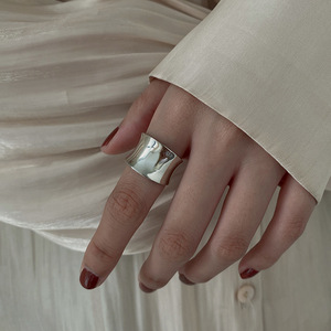 韩版S925银大圆弧光面戒指女复古时尚个性凹凸开口指环创意食指戒