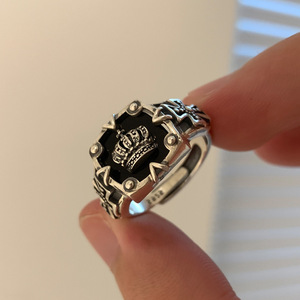 韩版S925银皇冠戒指女复古时尚重工十字架开口指环嘻哈暗黑食指戒