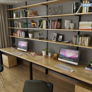 loft双人实木书桌书架组合书房家用长桌写字台定制办公台式电脑桌