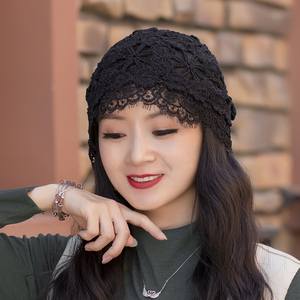 帽子女春秋百搭黑色蕾丝镂空夏薄款手工发带帽毛线帽女士遮白发帽