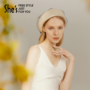 shes茜子经典延续网纱拼接蝴蝶结休闲小众礼帽出游凹造型帽子