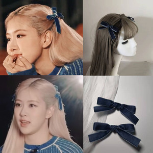 rose朴彩英同款丝绒蓝色蝴蝶结发夹韩国ins网红超仙侧边发卡发饰