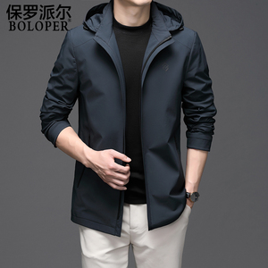 保罗2022秋季新款风衣男中长款连帽休闲男士外套商务宽松男装上衣