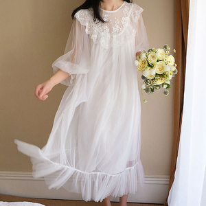 很仙的睡衣日系仙女风睡裙莫代尔网纱白色女长裙宫廷公主花边蕾丝