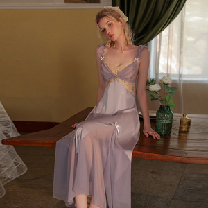 仙女契约紫色法式性感睡衣蕾丝长裙高级感冰丝吊带睡裙纯欲公主风