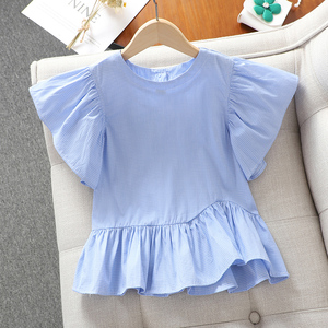 女童纯棉衬衫夏季2024新款儿童短袖娃娃衫衬衣女孩荷叶边T恤上衣