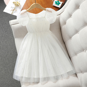 女童连衣裙新款夏装儿童甜美亮片裙子小女孩公主网纱裙白色礼服裙