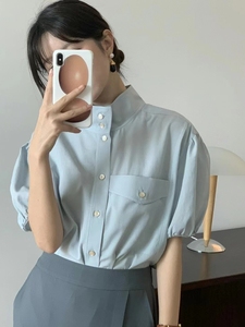 韩版立领系扣宫廷风蓝色泡泡袖短袖衬衫设计感小众慵懒风上衣女夏