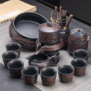 紫陶龙凤功夫茶具套装手工浮雕自动茶壶茶杯复古石磨懒人泡茶神器