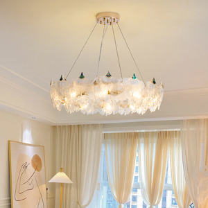 水晶玻璃挂片吊灯简约现代客厅灯卧室温馨三色变光高可调节餐厅灯