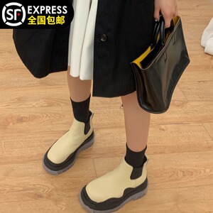 mona阿希哥同款鞋2020新款圆头拼色切尔西短靴女马丁靴厚底中筒靴